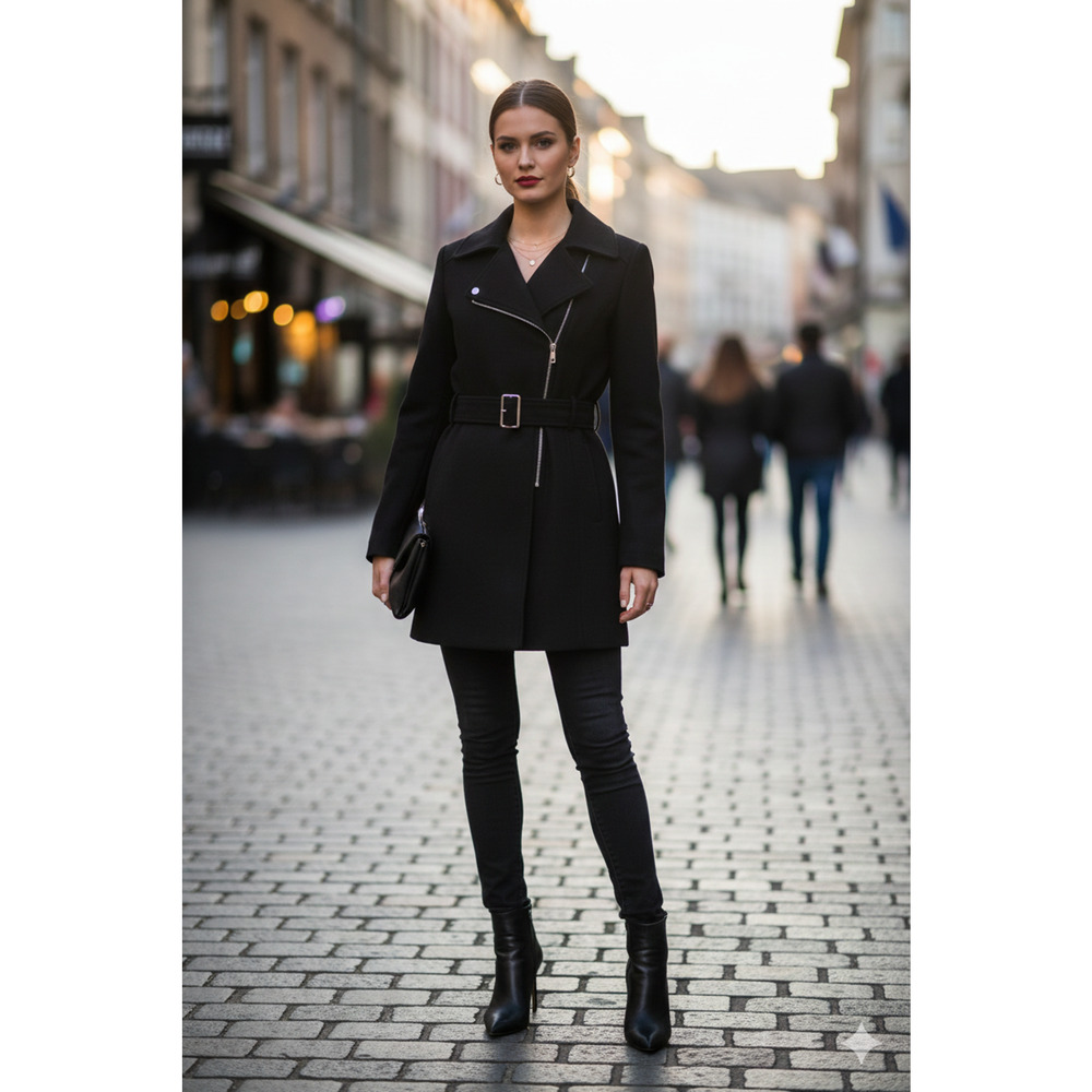 Kenneth Cole New York Womens Black Belted Asymmetrical Zip Trench Coat Size M